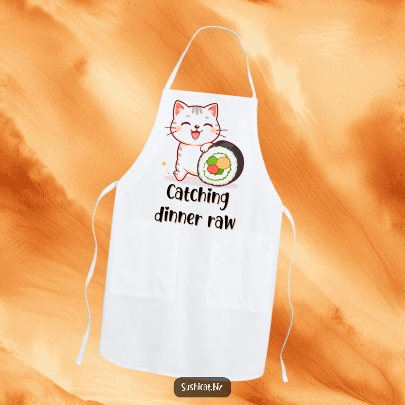 Funny apron with a happy cat with sushi patterns on its fur chasing a rolling sushi roll, perfect for adding humor and fun to kitchen activities, a great funny gift.