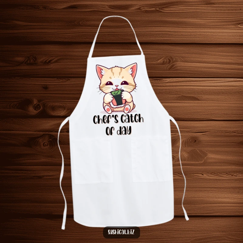 Funny apron, curious cat playfully interacting with a sushi roll, humorous kitchen attire for cooking enthusiasts.