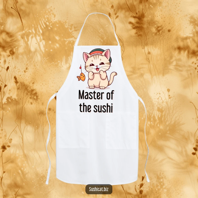 Funny cat in a small sushi hat bats at a dangling fish on this practical and humorous apron.