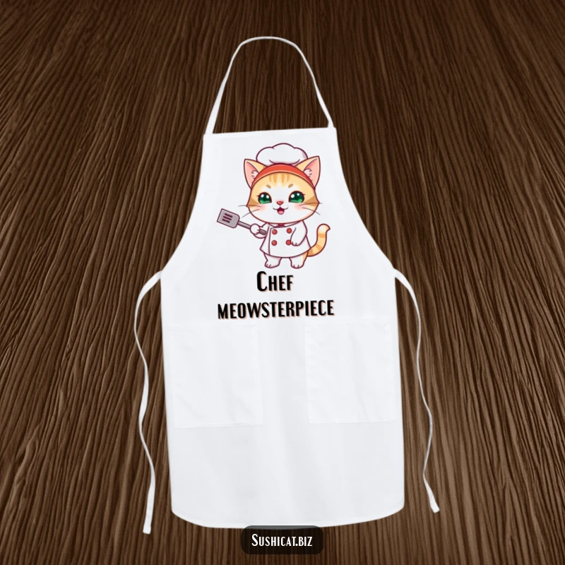 Funny apron featuring a mischievous cat dressed as a sushi chef, deftly flipping a miniature spatula, ready for kitchen fun.