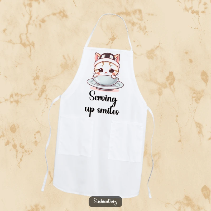 Funny apron with a cute cat in a sushi hat peeking from behind a plate, perfect for adding humor and charm to kitchen activities, a great funny gift.