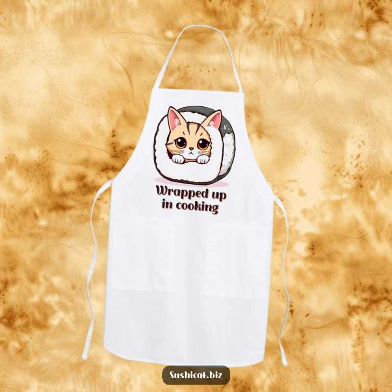 Funny cat with wide eyes peeks from a giant sushi roll on this practical and humorous apron.