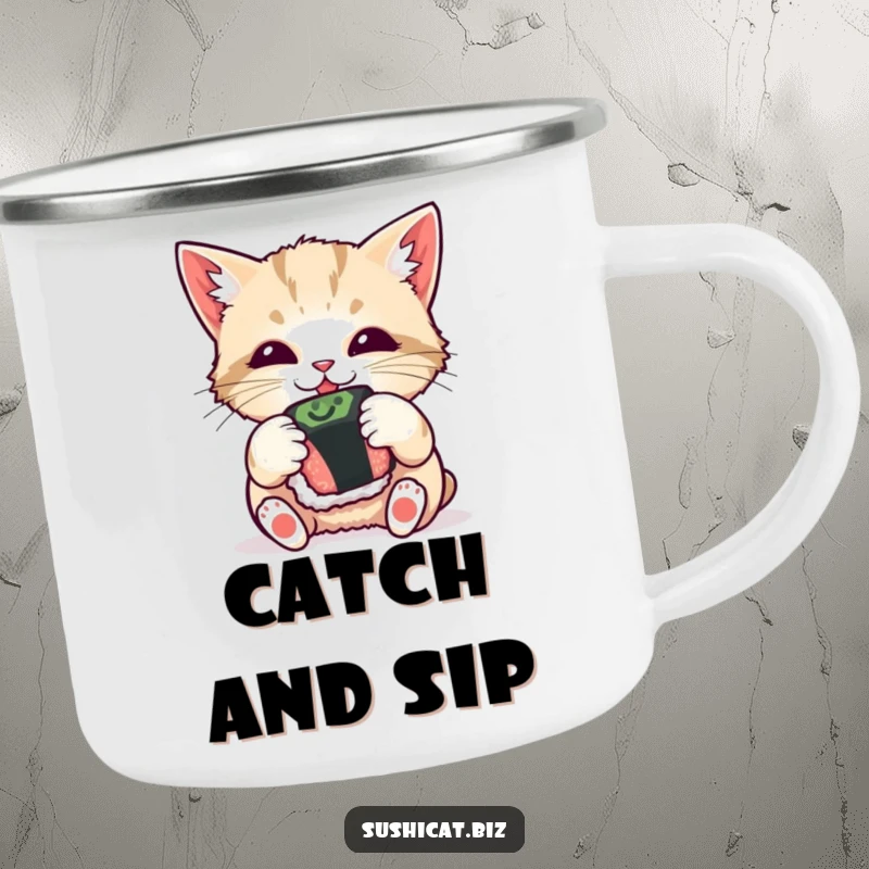 Funny camping mug, curious cat playfully batting a sushi roll, sturdy and humorous outdoor drinkware.