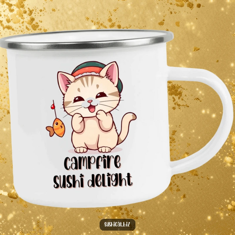 Funny cat wearing a small sushi hat bats at a dangling fish on this rugged and humorous camping mug.