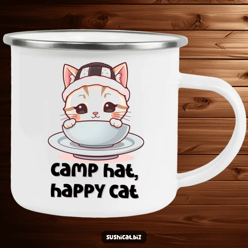 Funny camping mug with a cute cat in a sushi hat peeking from behind a plate, perfect for outdoor enjoyment and a cheerful start.