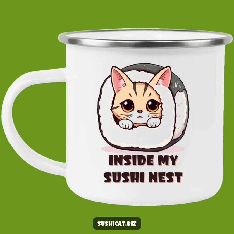 Funny Sushi Cat Camping Mug - Curious Outdoor Feline Fun!
