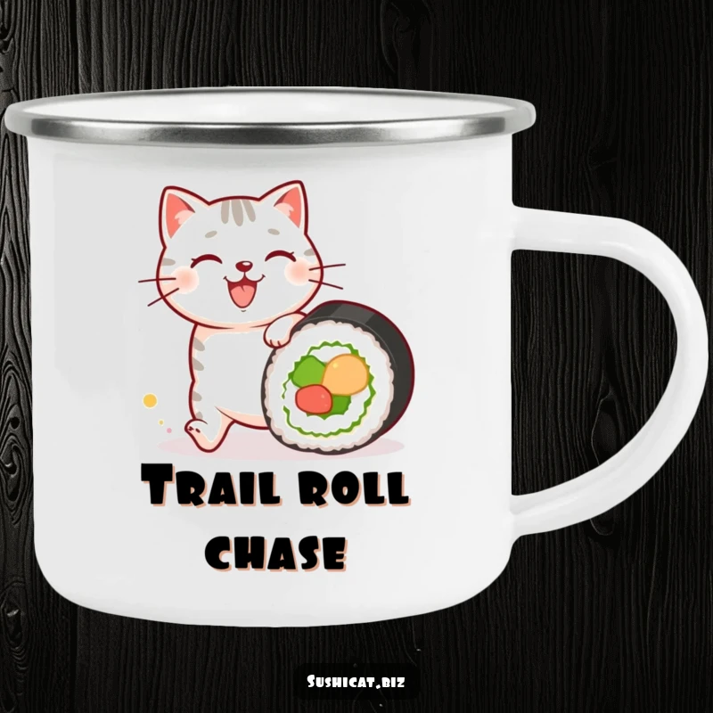 Funny camping mug with a happy cat with sushi patterns on its fur chasing a rolling sushi roll, perfect for outdoor enjoyment and foodie fun.