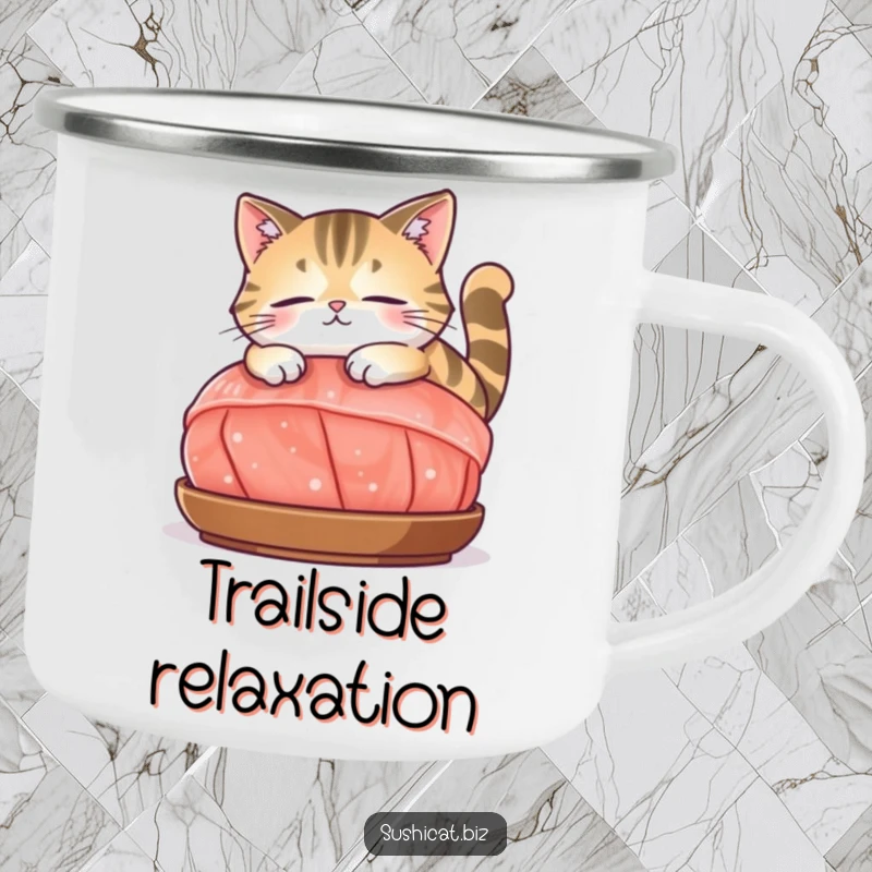 Funny camping mug with a contented cat lounging on a large piece of sashimi, perfect for enjoying nature's calm.
