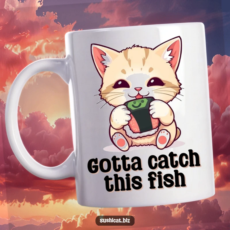 Funny cat mug, playfully batting at a sushi roll with curious eyes and paws, a delightful and humorous gift idea.