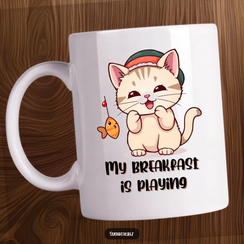 Funny cat wearing a small sushi hat playfully bats at a dangling fish on this adorable mug.