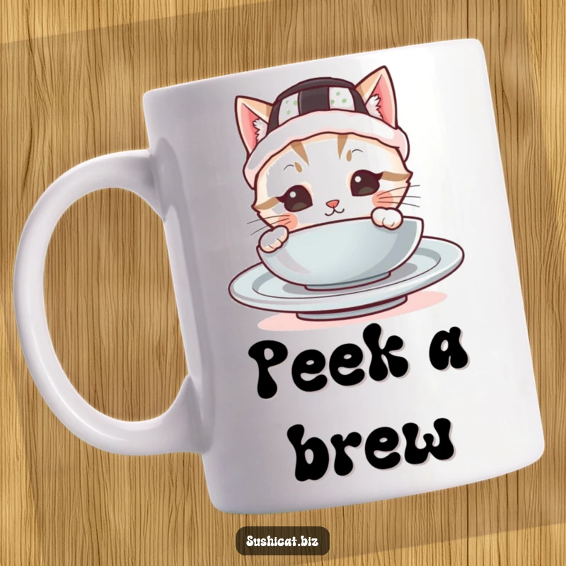 Funny mug showing a cute cat in a tiny sushi hat peeking playfully from behind a white plate, full of sweet mischief.