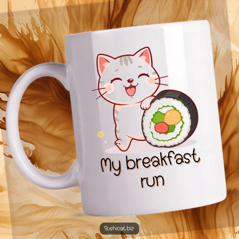 Funny mug showing a happy cat adorned with sushi patterns on its fur, hilariously chasing after a rolling sushi roll, full of culinary fun.