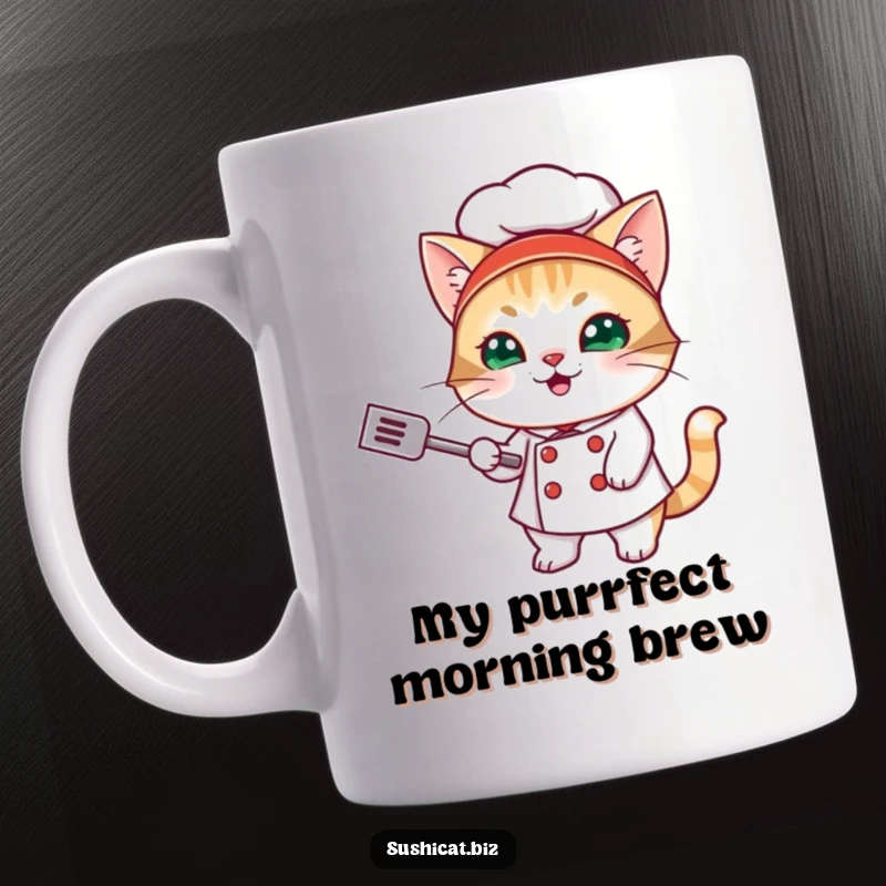Funny mug with a mischievous cat dressed as a sushi chef, expertly flipping a tiny spatula with a playful grin.