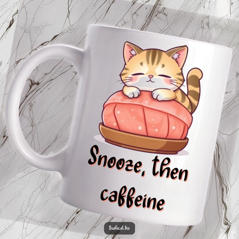 Funny mug depicting a supremely contented cat lounging lazily on a large, appetizing slice of sashimi, looking utterly relaxed.