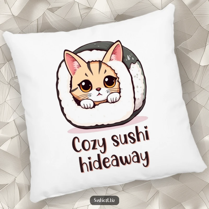 A curious cat with wide eyes peeks from a giant sushi roll on this soft, humorous decorative pillow.