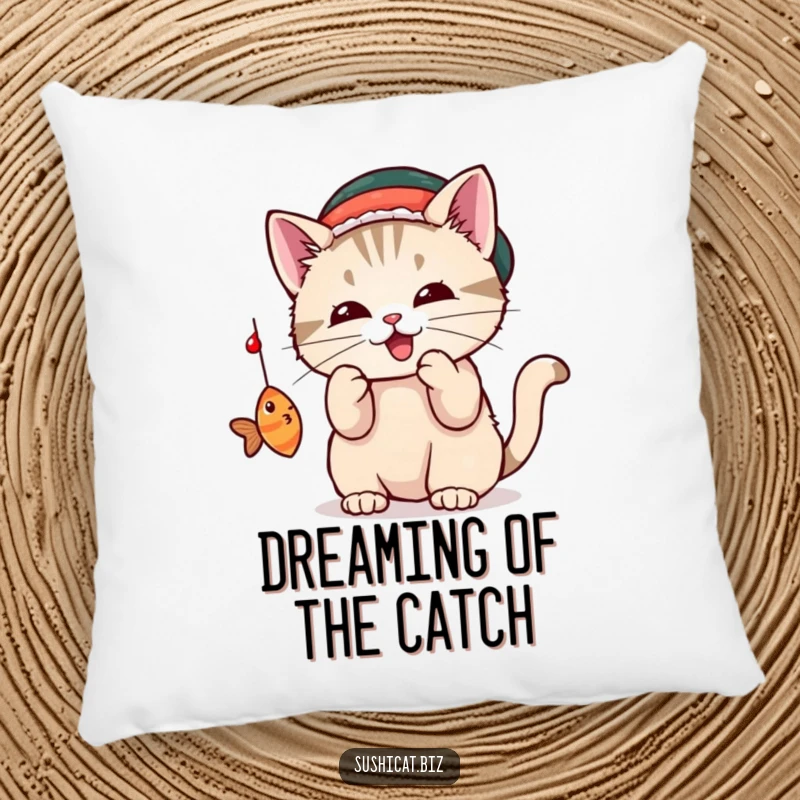A playful cat wearing a tiny sushi hat bats at a dangling fish on this soft, humorous decorative pillow.