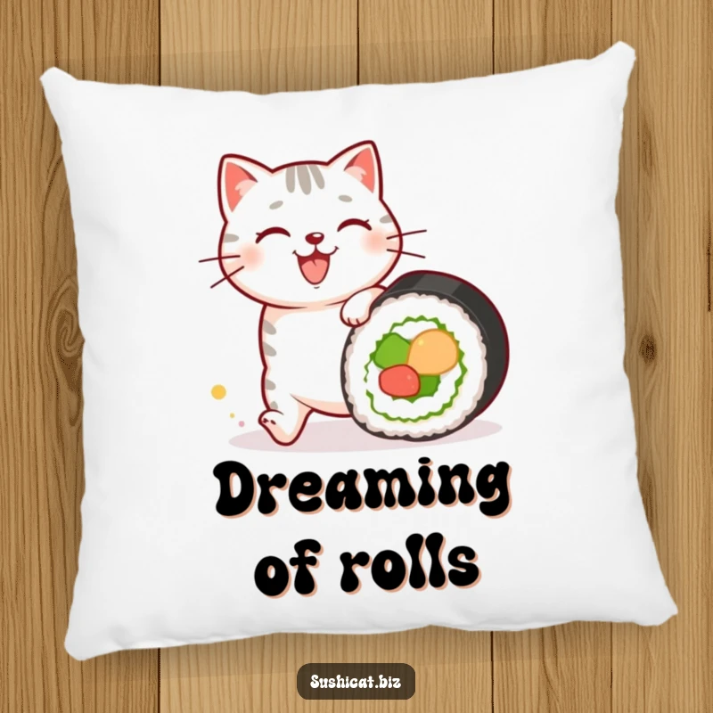 Funny pillow depicting a happy cat with sushi patterns on its fur chasing a rolling sushi roll, perfect for adding cozy culinary humor.
