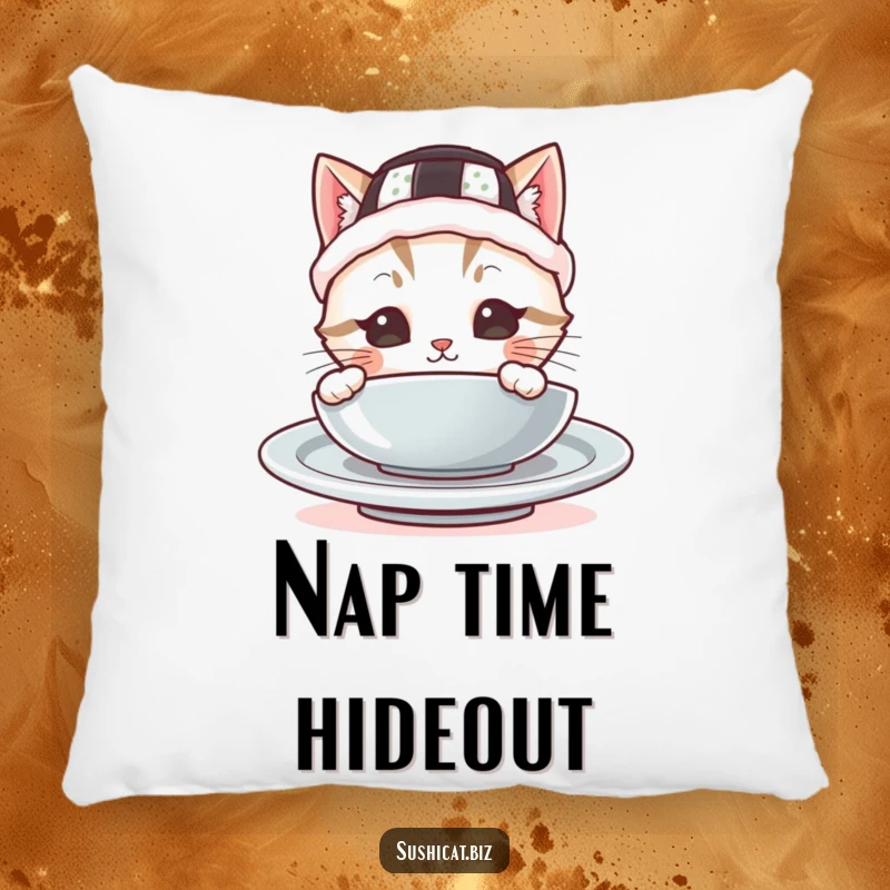 Funny pillow depicting a cute cat in a sushi hat peeking from behind a plate, perfect for adding cozy humor and adorable charm.