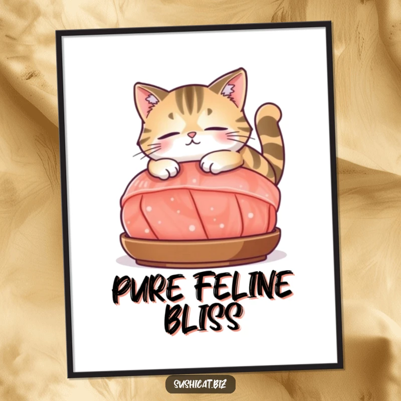 Funny digital art print of a contented cat lounging peacefully on a large piece of sashimi, exuding relaxation and joy.