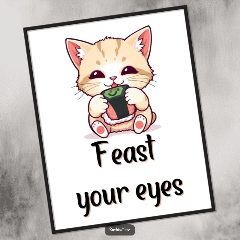 Funny digital art print, curious cat playfully batting sushi, instant printable wall decor, humorous pet illustration.