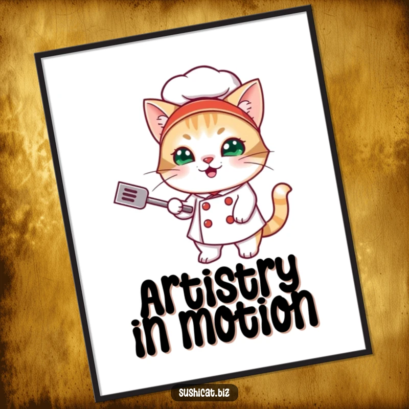 Funny digital art print of a mischievous cat dressed as a sushi chef, expertly flipping a tiny spatula with a comical flair.