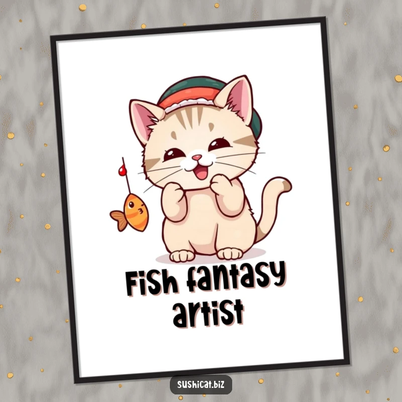 Funny cat wearing a small sushi hat playfully bats at a dangling fish in this adorable digital art.