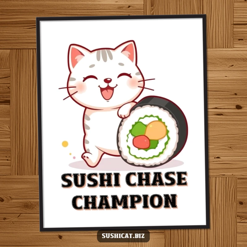 Funny digital art of a happy cat with sushi patterns on its fur chasing a rolling sushi roll, perfect for adding instant cute and humorous charm.