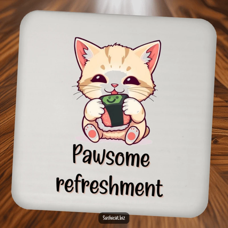 Funny drink coasters, curious cat batting at a sushi roll, playful pet design, humorous table protection.