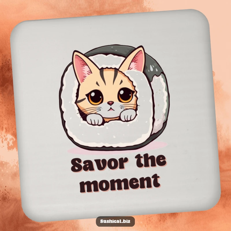 A curious cat with wide eyes peeks from a giant sushi roll on this protective and amusing drink coaster.