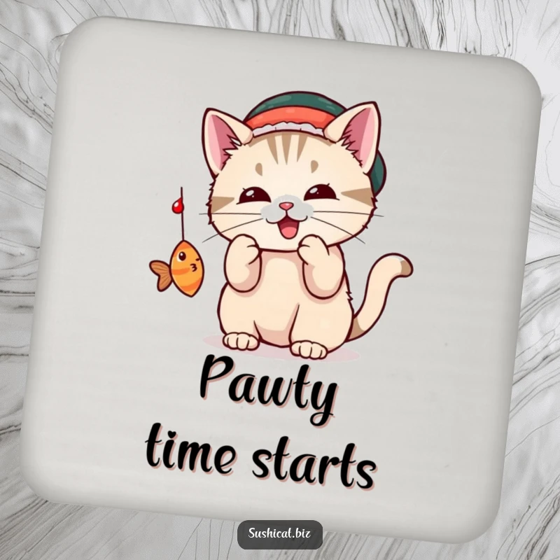 A playful cat wearing a tiny sushi hat bats at a dangling fish on this protective and amusing drink coaster.