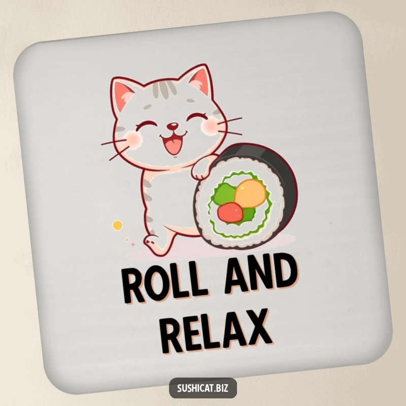Funny drink coaster with a happy cat with sushi patterns on its fur chasing a rolling sushi roll, adding a touch of cute and humorous charm.