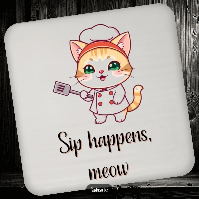 Funny coasters featuring a mischievous cat dressed as a sushi chef, flipping a tiny spatula, protecting surfaces with style.
