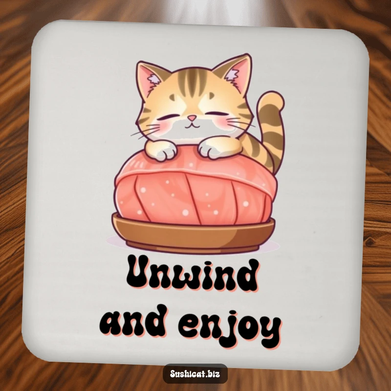 Funny coasters featuring a content cat lounging on a large piece of sashimi, adding a touch of foodie humor.