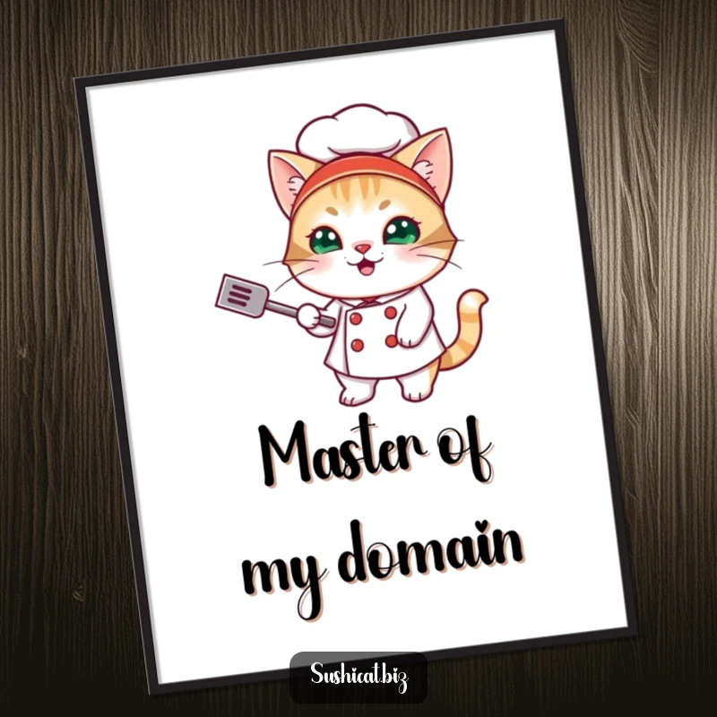 Funny poster featuring a mischievous cat dressed as a sushi chef, captured mid-spatula flip with a comical expression.