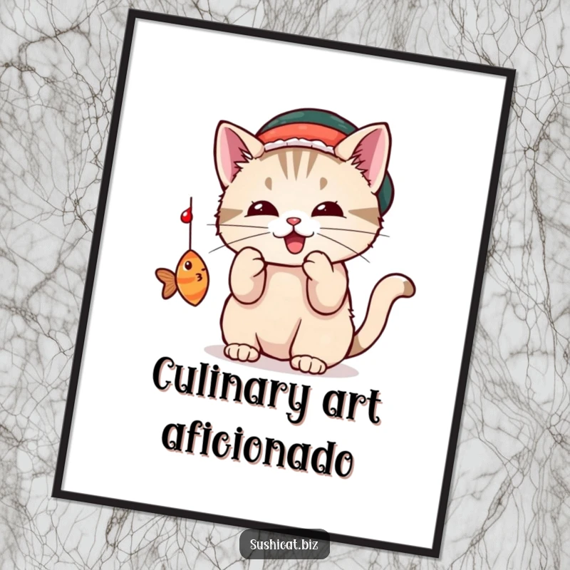 Funny cat wearing a small sushi hat playfully bats at a dangling fish on this adorable poster.