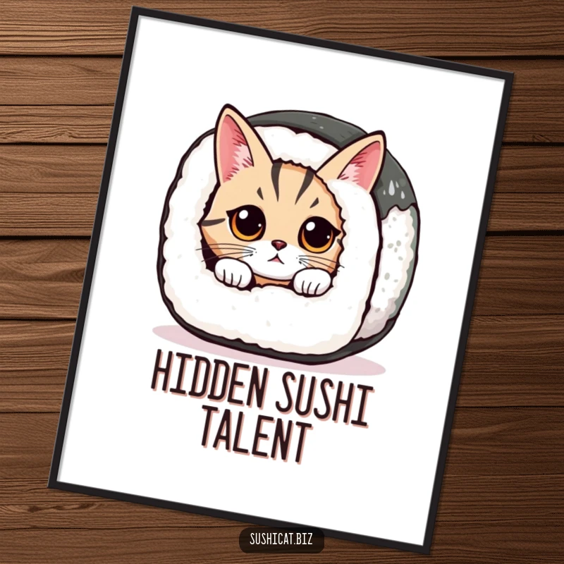 Funny cat with wide eyes curiously peeks from a giant sushi roll on this adorable poster.