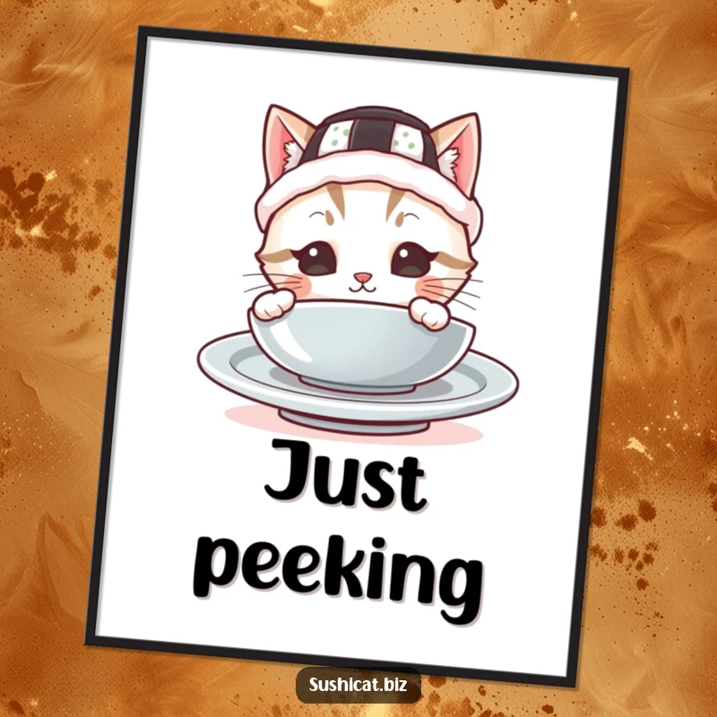 Funny poster art of a cute cat in a sushi hat peeking from behind a plate, radiating adorable mischief and whimsical charm.