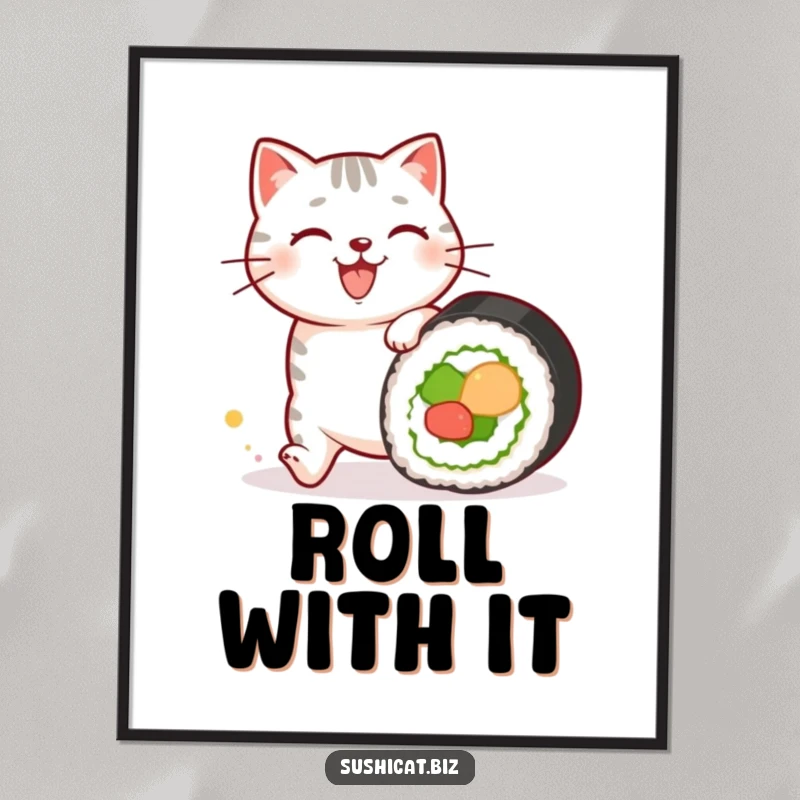 Funny poster art of a happy cat with sushi patterns on its fur chasing a rolling sushi roll, radiating culinary joy and playful excitement.