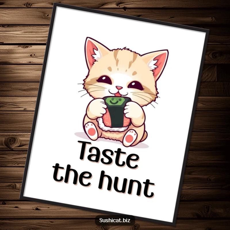 Funny poster, curious cat intently batting at a sushi roll, playful pet art print, humorous wall decor.