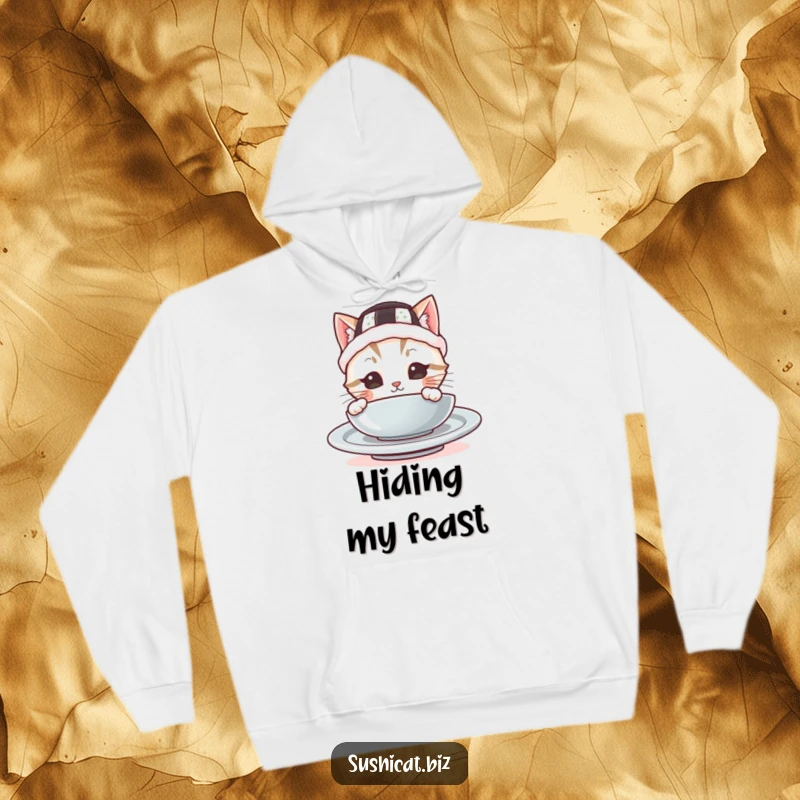 Funny hoodie featuring a cute cat in a small sushi hat peeking from behind a plate, embodying cozy charm and playful hide-and-seek.