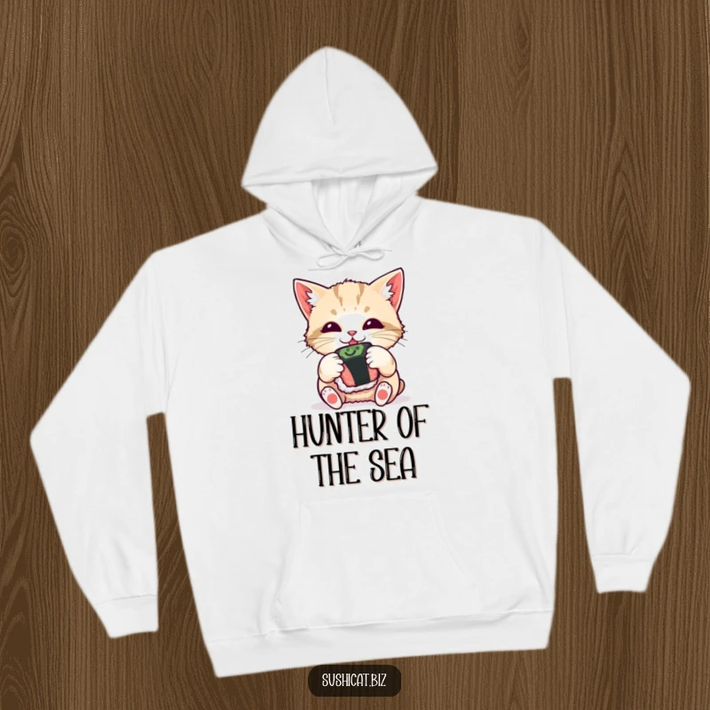 Funny hoodie, cozy design of a curious cat batting at a sushi roll, a humorous and heartwarming pet graphic.