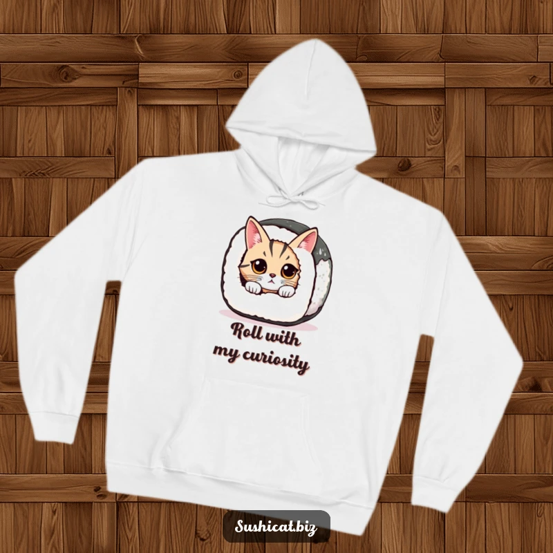 Funny cat with wide eyes peeps from a giant sushi roll on this cozy and humorous hoodie.