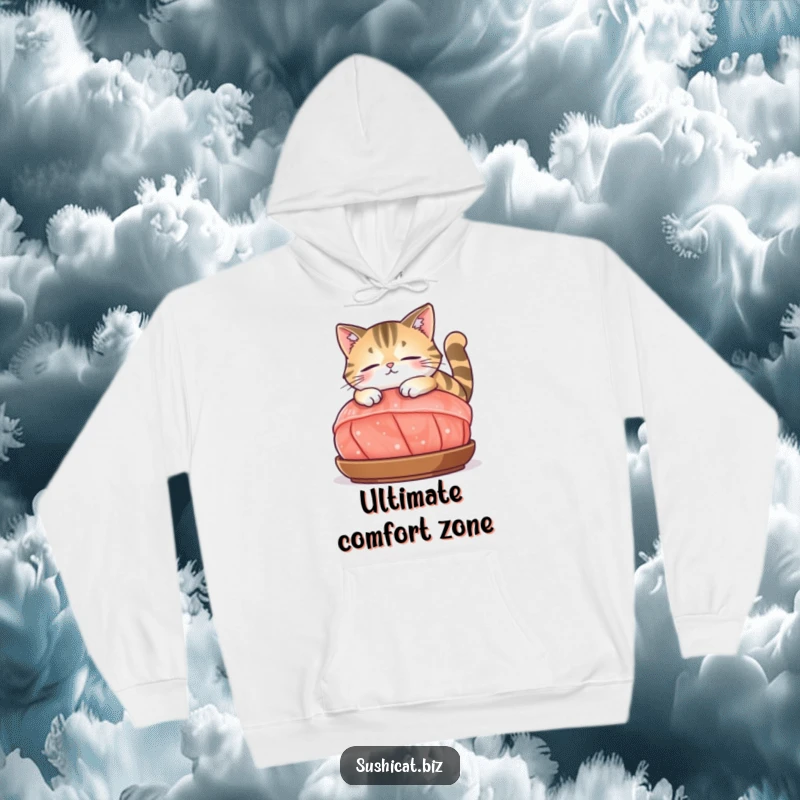 Funny hoodie portraying a completely content cat lounging peacefully on a sizable piece of sashimi, radiating cozy vibes.