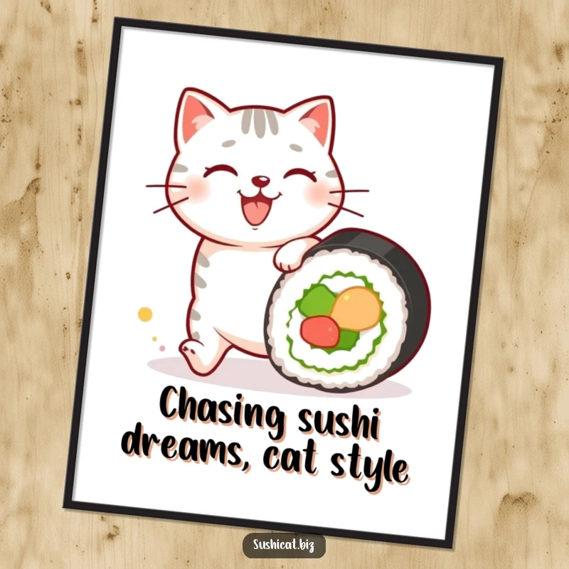 Funny Free Printable Wall Art: A happy cat with sushi patterns on its fur chases a rolling sushi roll, a dynamic artwork.