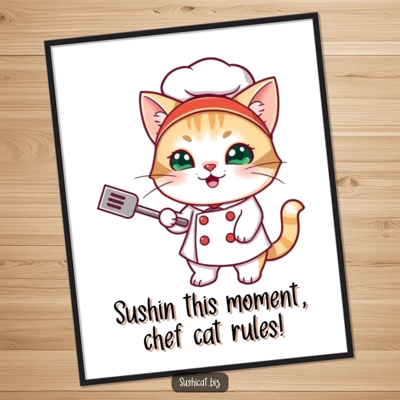 Funny Free Printable Wall Art: Mischievous cat sushi chef in hat, expertly flipping a tiny spatula with style.