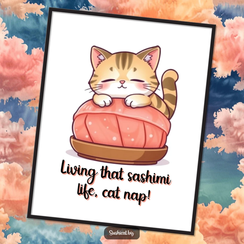 Funny Free Printable Wall Art: Content cat lounging casually on a massive piece of sashimi, radiating pure zen.