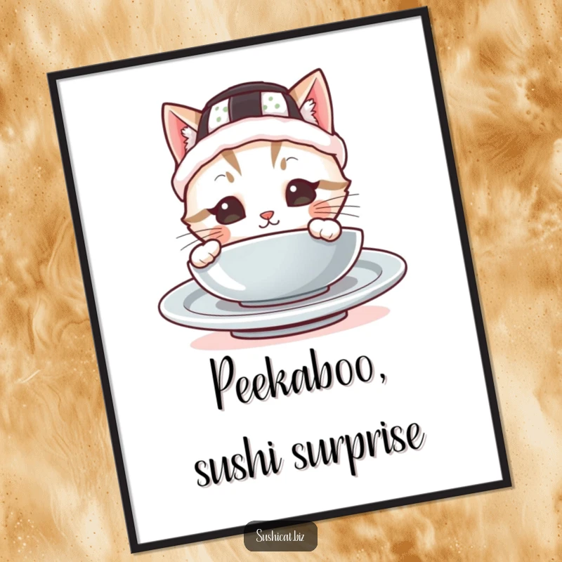 Funny Free Printable Wall Art: A cute cat wearing a tiny sushi hat peeks from behind a plate, a humorous and charming artwork.