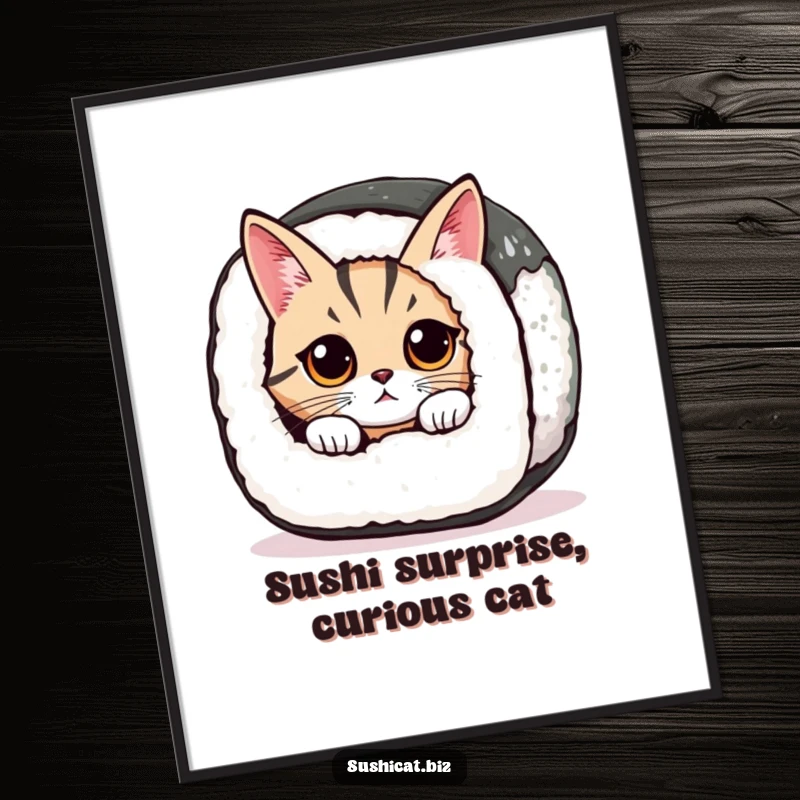 Funny Free Printable Wall Art: Cat Peeking From Giant Sushi Roll Wide Eyes, Cute Decor