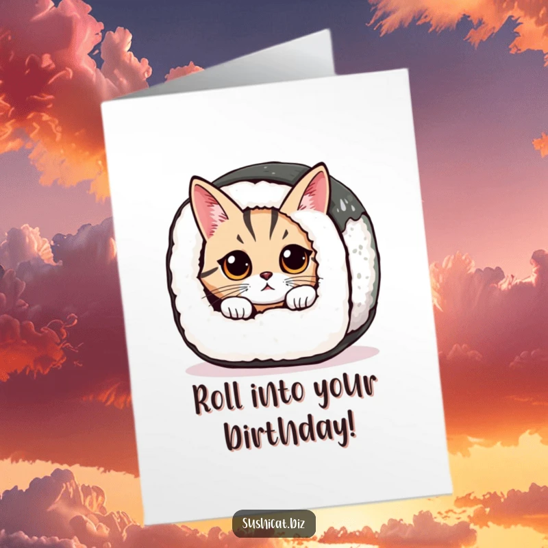 Funny Free Printable Birthday Card: Cat Peeking From Sushi Roll Wide Eyes, Cute DIY Gift