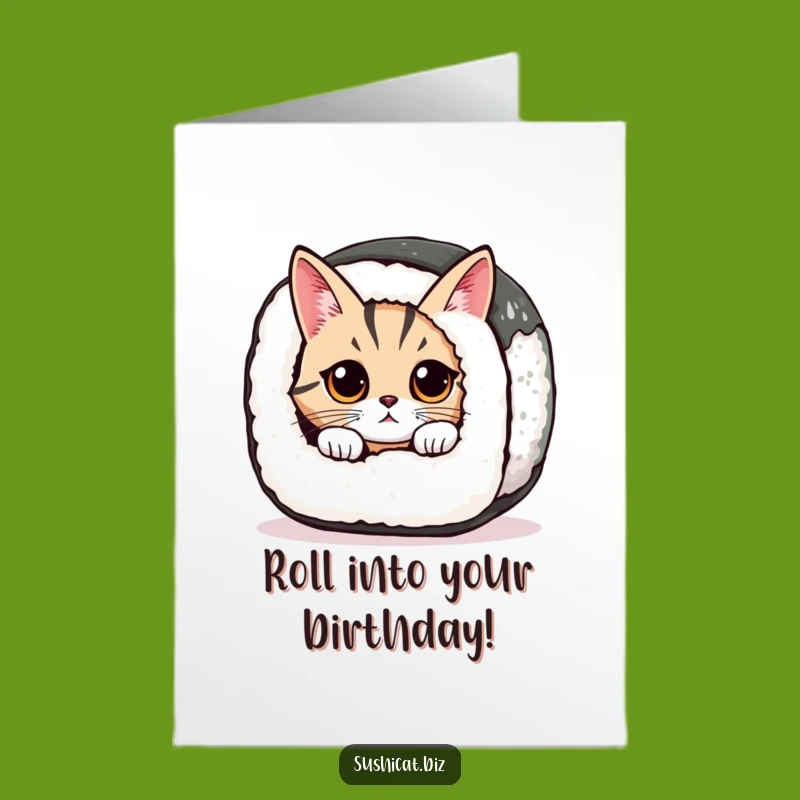 Free Printable Birthday Card: Cat in Sushi Roll Funny Downloadable Gift